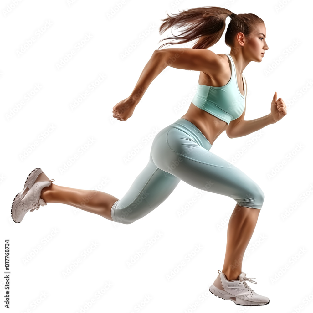 Female sprinter running, in light blue sportswear, isolate on transparent background Female sprinter running, in light blue sportswear, isolate on transparent background