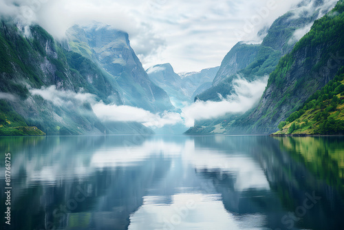 tranquil fjord nestled between steep mountainsides, stillness of the water as it reflects the surrounding scenery like a mirror. With misty clouds drifting over the peaks and lush © forenna