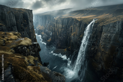 rugged cliffs and cascading waterfalls  the raw beauty of a fjord on a cloudy day. With moody atmospheric lighting casting shadows over the landscape  sense of mystery and grandeur