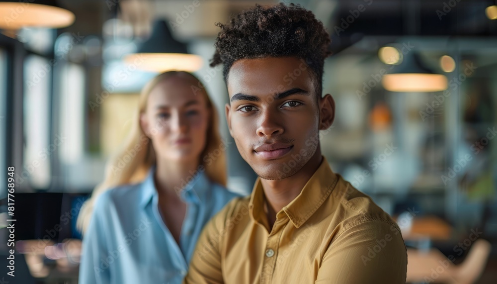 Portrait of a young man in the foreground with a woman behind in an office setting, highlighting teamwork and professional interaction Portrait of a young man in the foreground with a woman behind in an office setting, highlighting teamwork and professional interaction
