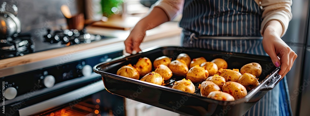 a woman takes potatoes out of the oven. selective focus