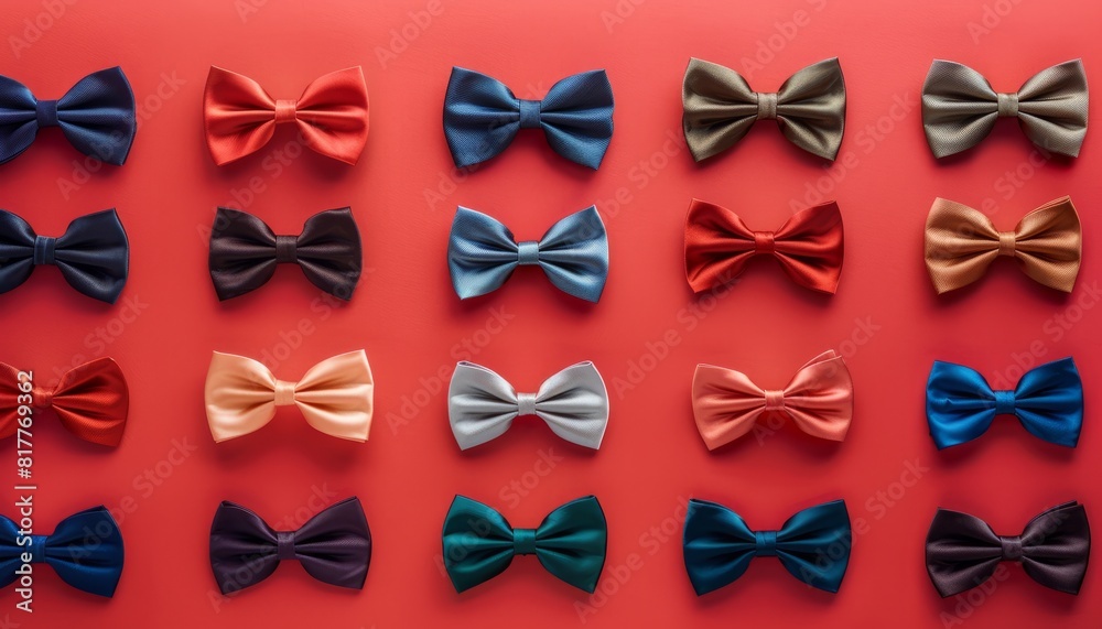 Assorted collection of stylish bow ties on a vibrant red background, showcasing fashion variety and elegance, with banner space for text Assorted collection of stylish bow ties on a vibrant red background, showcasing fashion variety and elegance, with banner space for text