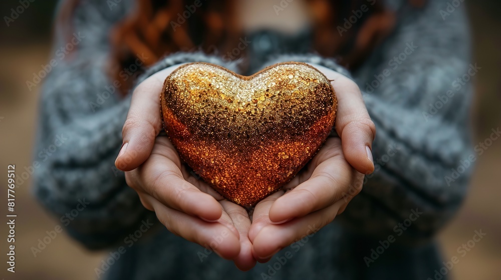 A woman with long hair holding a golden heart in her hands, showcasing love and compassion A woman with long hair holding a golden heart in her hands, showcasing love and compassion