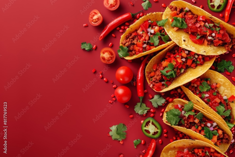 A spicy Mexican taco arrangement sparks interest in ethnic cuisine, with solid background and copy space on center for advertise