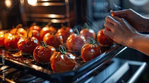 a woman takes tomatoes out of the oven. selective focus