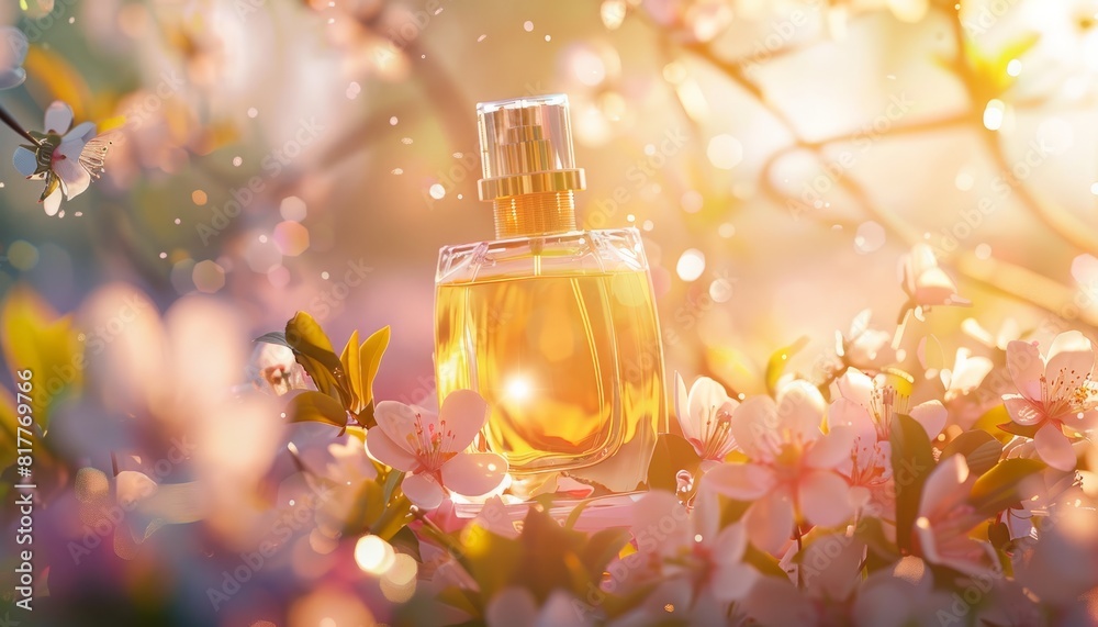 A glass perfume bottle amidst blossoms in an ethereal sunlit ambiance, perfect for beauty and fragrance marketing, with banner space for text A glass perfume bottle amidst blossoms in an ethereal sunlit ambiance, perfect for beauty and fragrance marketing, with banner space for text