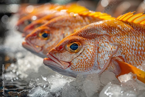 Red Snapper displayed on ice at a fish market, appealing to culinary themes.