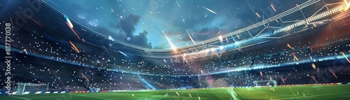 A virtual reality soccer stadium, where digital fans cheer silently in a vivid, surreal environment, designed with vibrant colors and strategic copy space photo