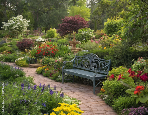 Una panchina incastonata tra fiori sbocciati, ideale per una pausa rilassante.
