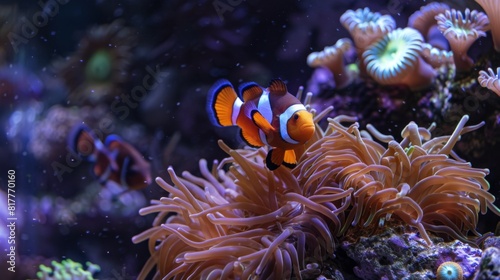 clownfish swimming among sea anemones