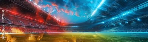A virtual reality soccer stadium, where digital fans cheer silently in a vivid, surreal environment, designed with vibrant colors and strategic copy space