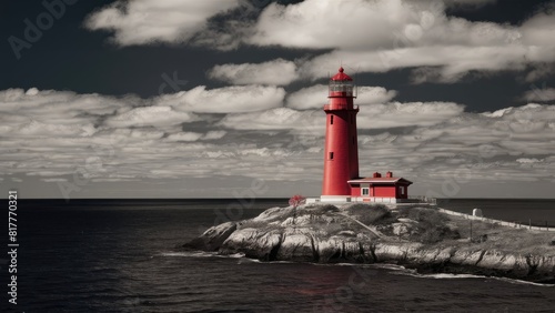 a red lighthouse on the coast of state