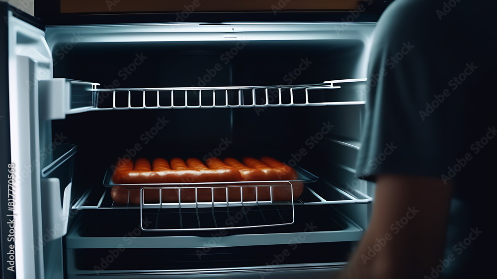 A man takes sausage sticks out of the refrigerator. A man takes sausage sticks out of the refrigerator.