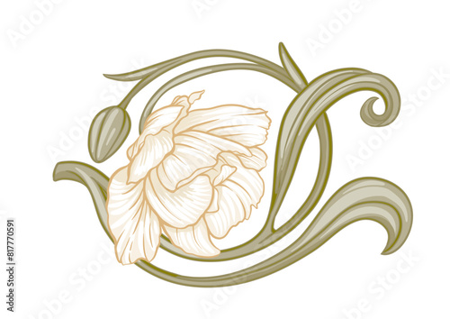 Terri Tulip flowers, decorative flowers and leaves in art nouveau style, vintage, old, retro style. Clip art, set of elements for design Good for print on T-shirts, bags, tattoo. Vector illustration.