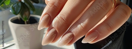 Female hands with beige nail design. Brown manicure with varnish photo