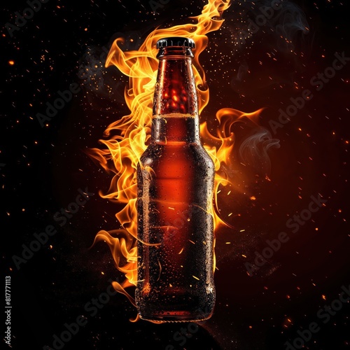 Fiery beer bottle with condensation beads photo