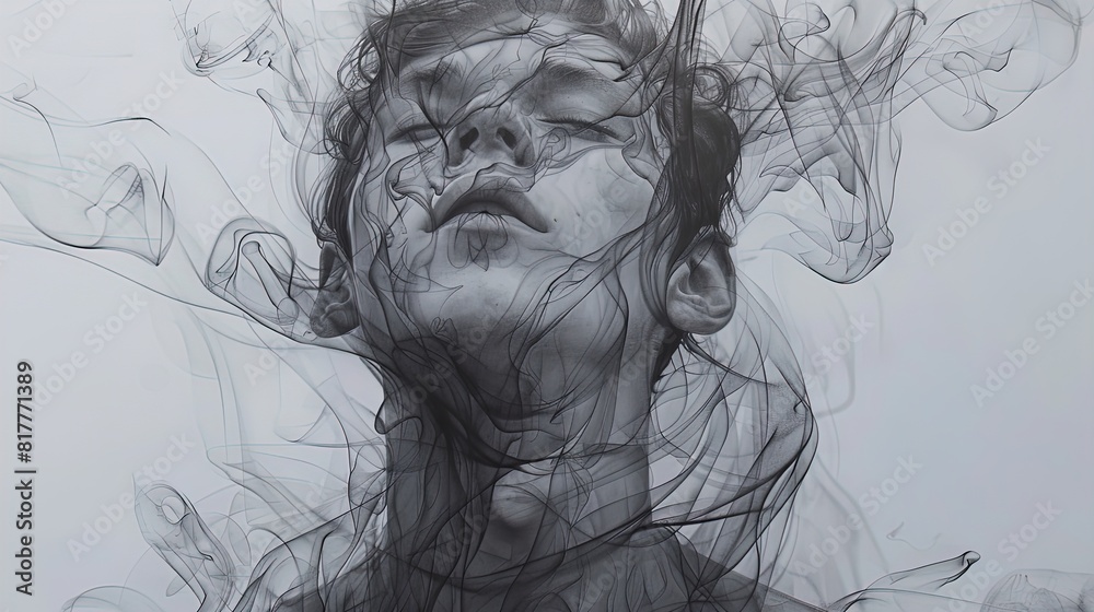 Abstract depiction of a person's face with swirling lines and smoke effects. Digital art portrait for creative design and print. Abstract depiction of a person's face with swirling lines and smoke effects. Digital art portrait for creative design and print.