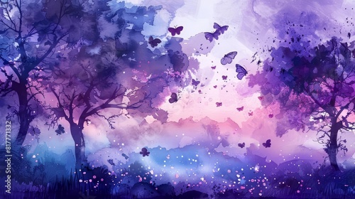 A watercolor of a surreal forest with trees that have butterflyshaped leaves, where the wildlife frolics under a purple sky, Clipart isolated on white photo