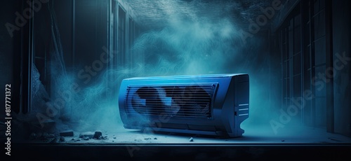 A blue air conditioner releasing steam through its vents.