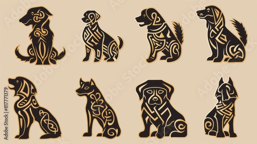 Set of celtic symbols of dogs. Design elements in tribal style.