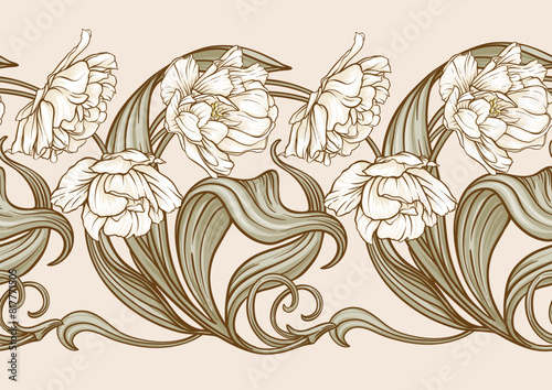 Terri Tulip flowers  decorative flowers and leaves in art nouveau style  vintage  old  retro style. Seamless pattern  background. Vector illustration.