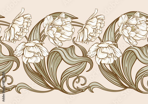 Terri Tulip flowers, decorative flowers and leaves in art nouveau style, vintage, old, retro style. Seamless pattern, background. Vector illustration.