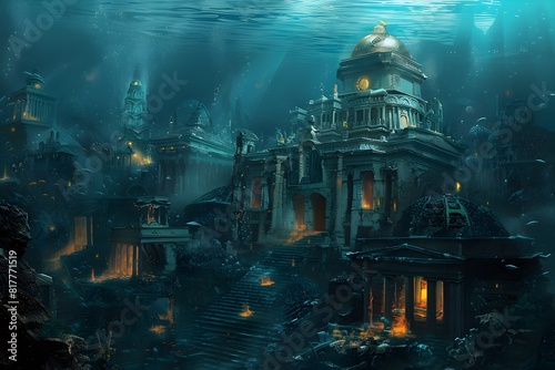 Captivating Underwater Metropolis A Submerged Realm of Enchanting Architecture and Luminous Wonders © wilaiwan