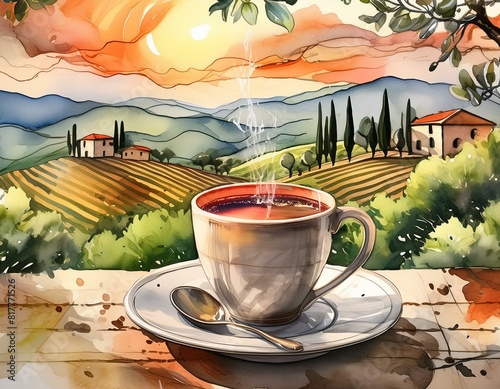 Tasse café sur une terrasse en Toscane, oliviers, cyprès, fumée, lever de soleil photo