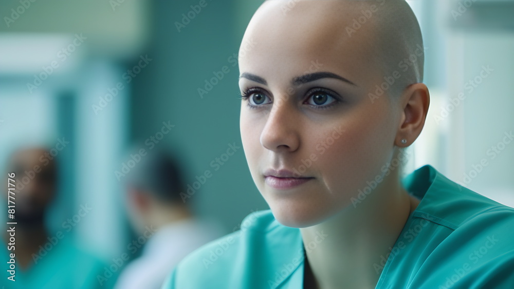 A 20-year-old girl without hair on her head in medical clothes in a hospital with oncology. Concept of fighting the disease - cancer A 20-year-old girl without hair on her head in medical clothes in a hospital with oncology. Concept of fighting the disease - cancer