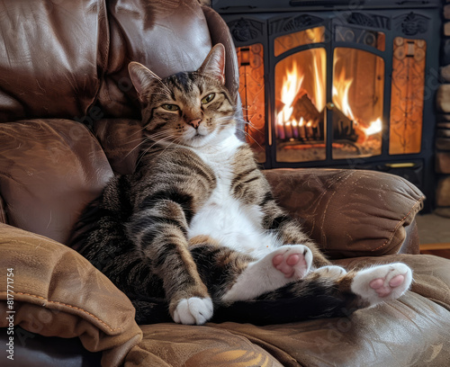 photography a cat in large  comfy recliner in front of a cozy fire