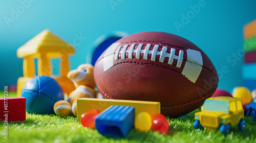 Rugby ball with toys on color background