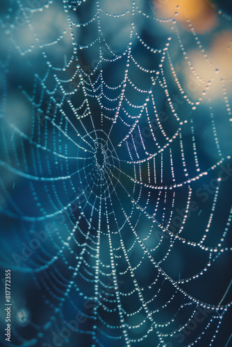 Close-up of a spider web covered in morning dew, highlighting the intricate patterns and delicate texture of the silk.  © grey