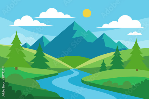 ature scenes with river, hills, forests and mountain landscape vector illustration 