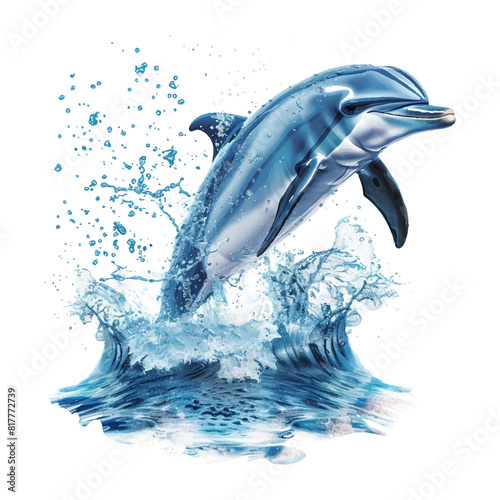 Isolated dolphin jumping on water splashes on white background.