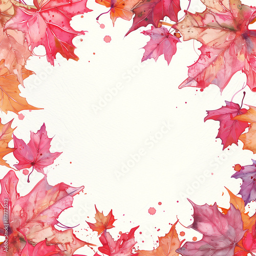 watercolor frame of red autumn maple leaves on a white background, along the perimeter, the middle is empty, soft light © TanaGera