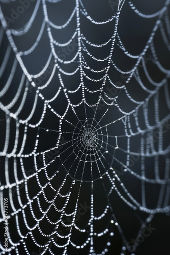 Close-up of a spider web covered in morning dew, highlighting the intricate patterns and delicate texture of the silk.  © grey