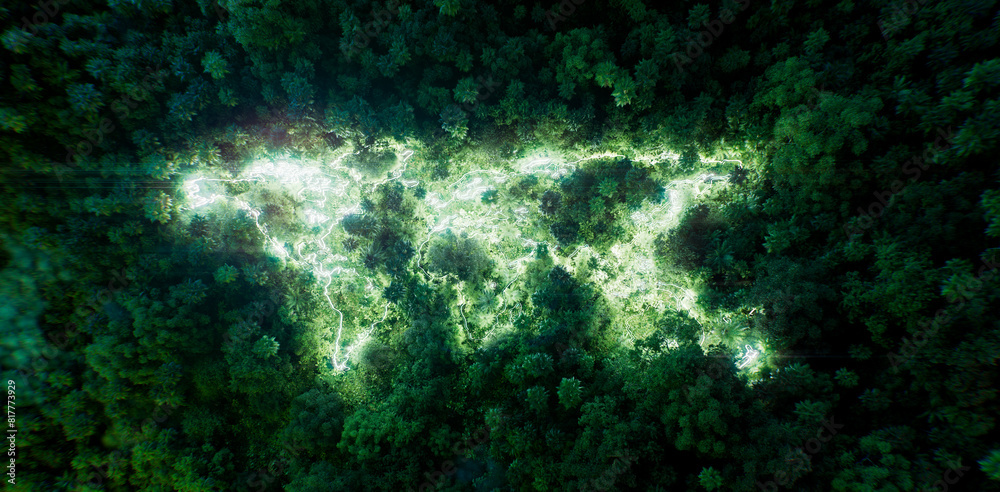 Fototapeta premium 3D rendering of glowing continent outlines in the middle of an untouched jungle, highlighting global interconnectedness and the importance of nature conservation.