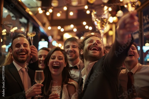 Group of friends cheering and clinking glasses with champagne at night club