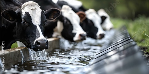 Cows drinking fresh water from solarpowered trough content and hydrated. Concept Animal welfare, Renewable energy, Sustainable farming, Hydration, Agriculture