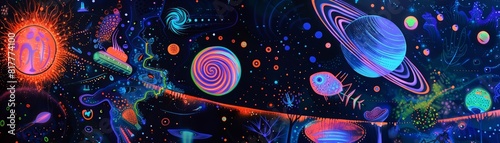 An enigmatic artist creates a groundbreaking exhibition, using neon colors to depict avantgarde concepts of spaceage exploration in a visionary art form photo