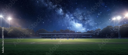 An iconic cricket ground under a starry sky, with the pitch glowing softly from embedded lighting, providing a serene and empty scene with ample copy space © Sweettymojidesign