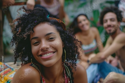 Portrait of a happy young african american woman with friends in the background