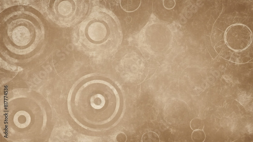 Brown abstract background with white circle rings in faded distressed vintage grunge texture design