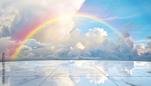 Marble floor with blue sky  white clouds and rainbow in the background