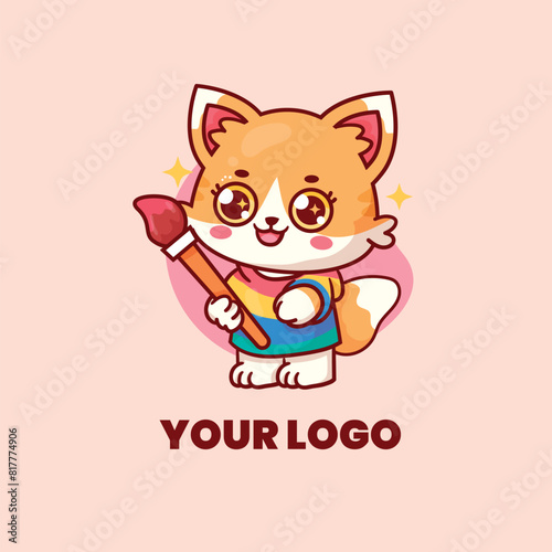 Cartoon fox holding a brush in his hand mascot logo