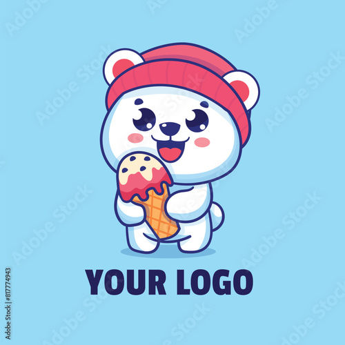 Cute polar bear wearing a hat holding ice cream mascot logo