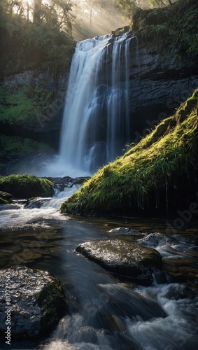 Splendorous waterfall cascading down a steep rocky cliff photo
