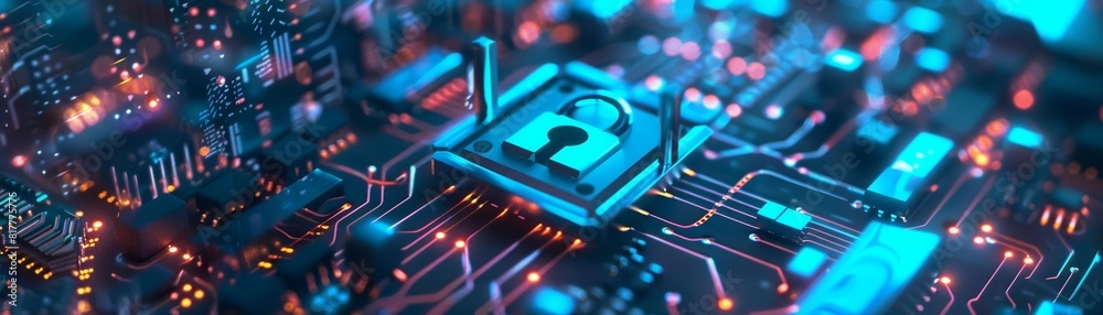 Closeup of a digital encrypted lock on a futuristic circuit board, displaying advanced cybersecurity technology, set against a blurry cityscape, sharpen banner with copy space