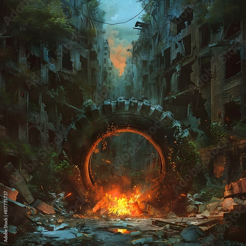 Amidst the ruins of a forgotten cityscape, a tire fire rages, its flames casting an otherworldly light on crumbling facades. Witness the beauty of decay as nature reclaims its urban dominion. photo