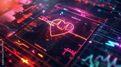 Closeup of a digital heart monitor display, depicted in a futuristic HUD style with neon colors on a dark background, embodying a clean and modern look